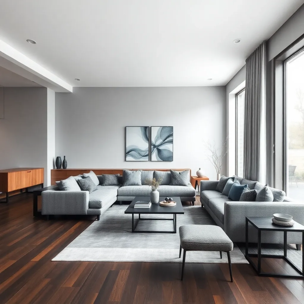 Salon szary z drewnem