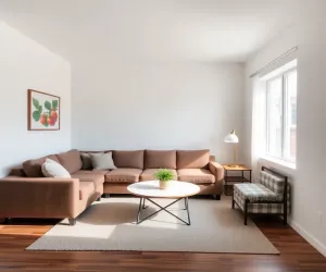 Mały salon z narożnikiem i stołem