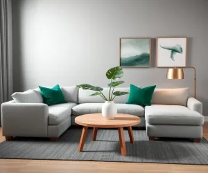 Szary salon z zielonymi dodatkami